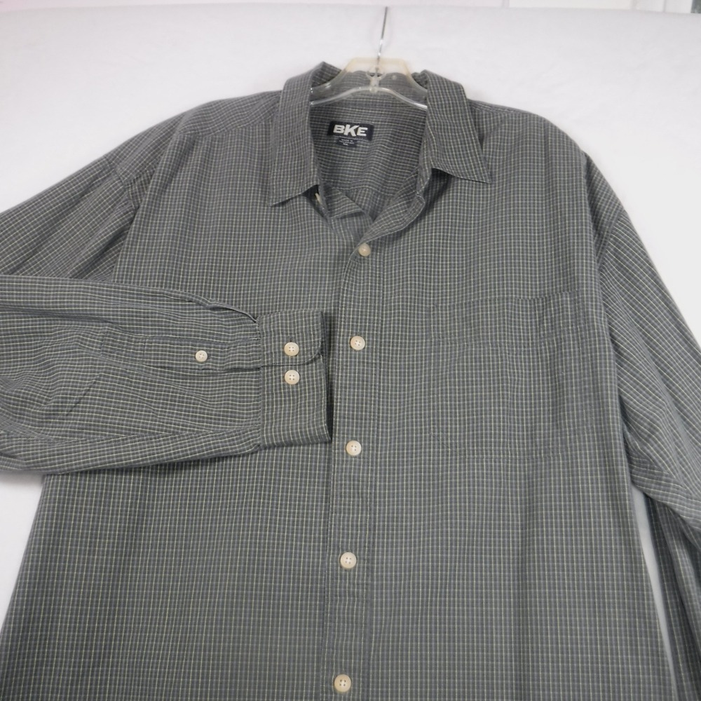 BKE Mens XL Grey Yellow Grid Check Cotton Poplin Long Sleeve Button Down Shirt‎